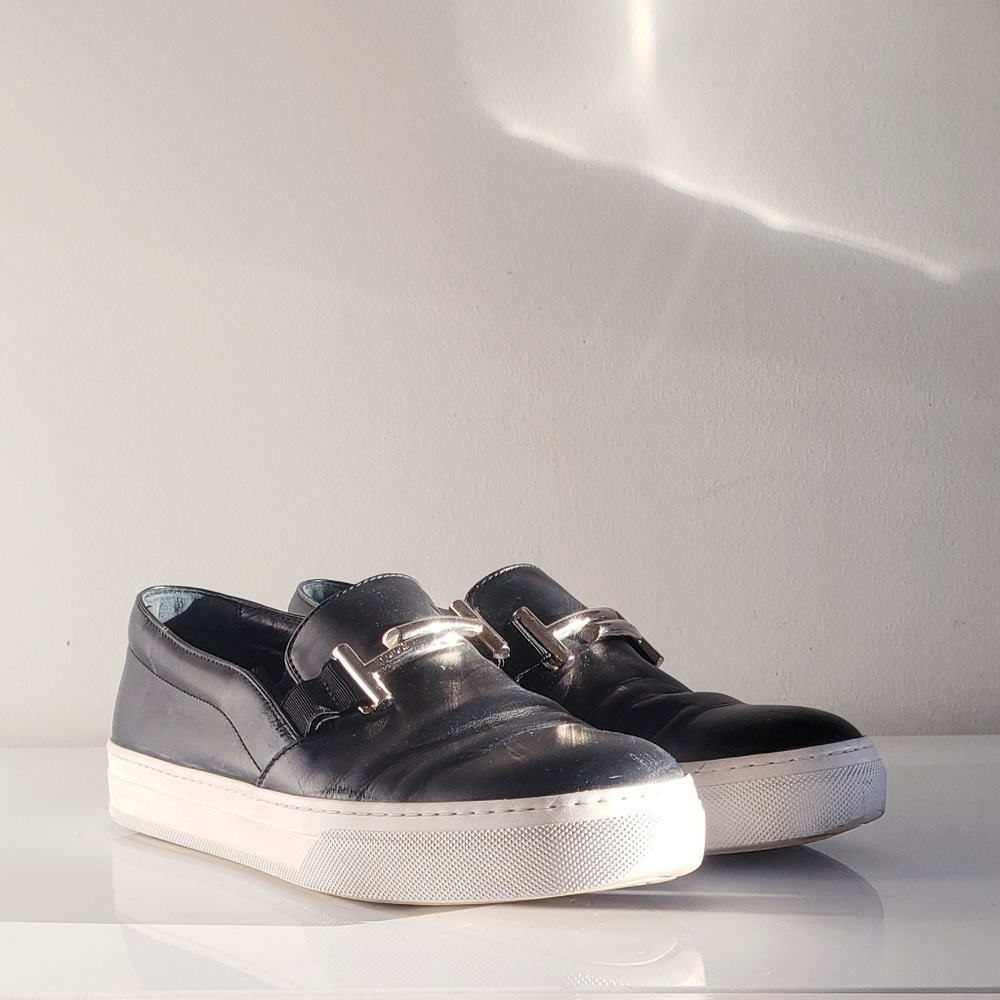 Tods Silver T-bar Black Slip-On Sneakers with White Soles